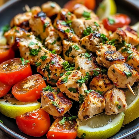 A bowl of food with chicken, tomatoes, and limes.