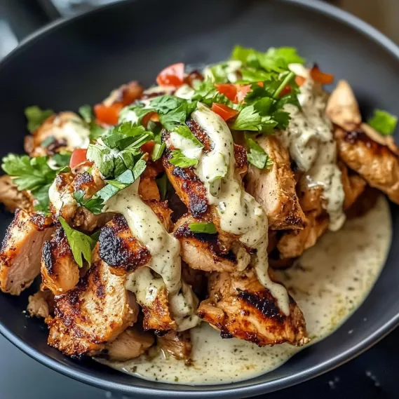 A bowl of food with chicken and tomatoes.