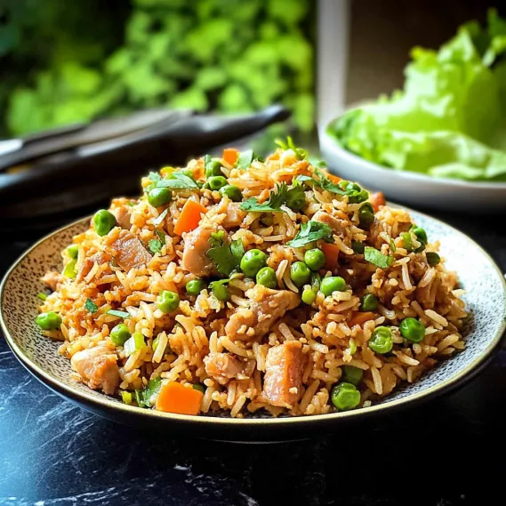 A plate of rice with peas and meat.