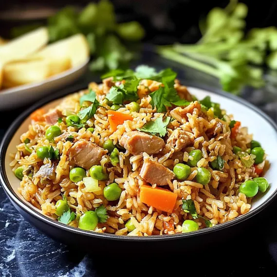 A bowl of rice with meat and peas.