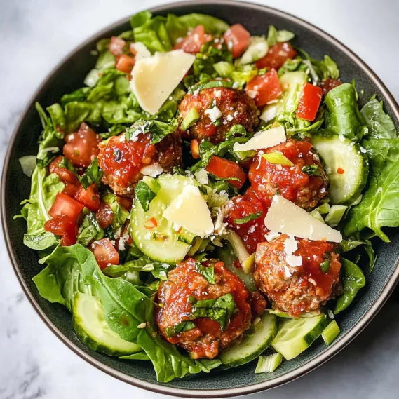A bowl of salad with meatballs and cheese.