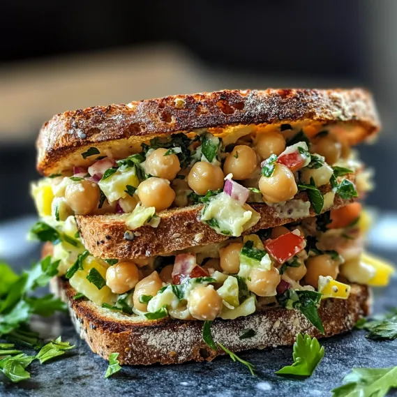A sandwich with chickpeas and lettuce on top.