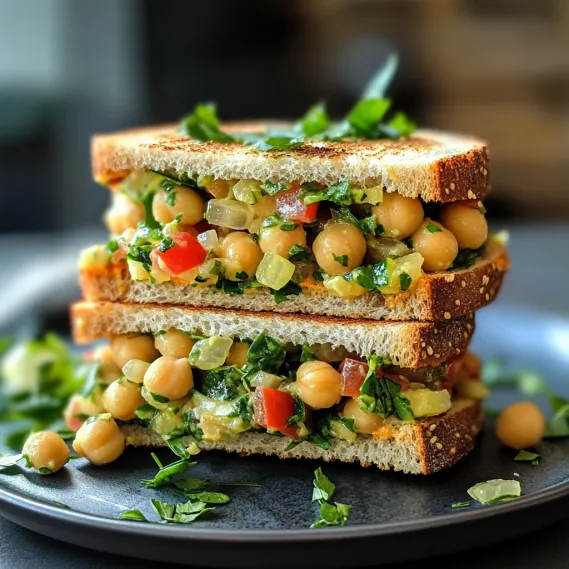 A stack of sandwiches with chickpeas and vegetables.