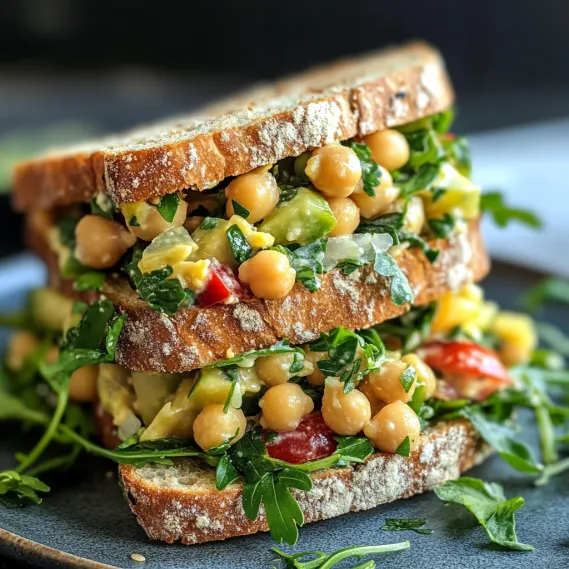 A sandwich with lettuce, tomato, and chickpeas.