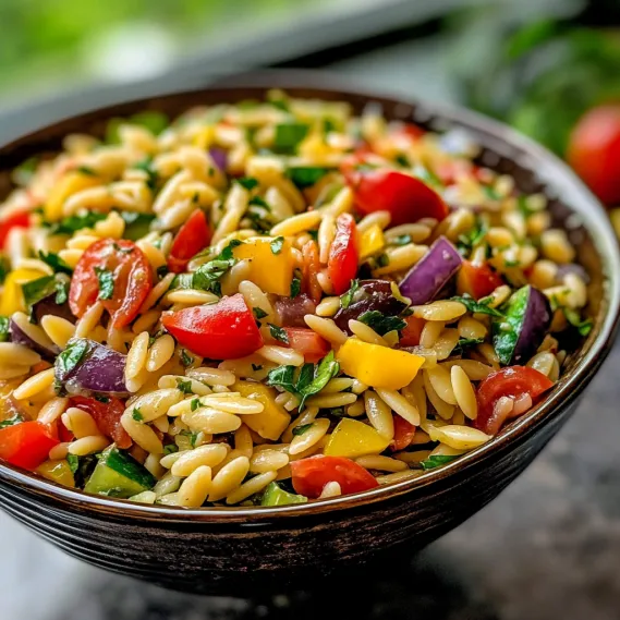 A bowl of pasta salad with tomatoes, basil, and yellow peppers.