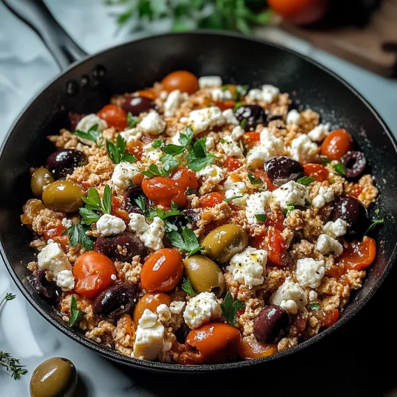 A black skillet with a variety of vegetables and cheese.