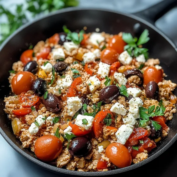 A bowl of food with tomatoes, olives, and cheese.