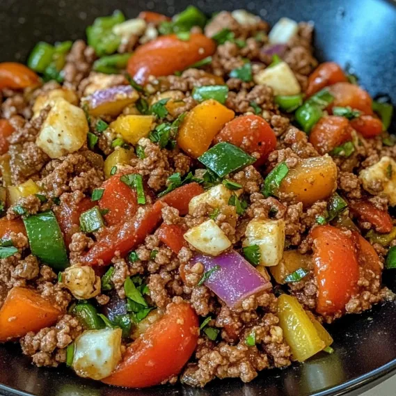 A bowl of food with tomatoes, peppers, and meat.