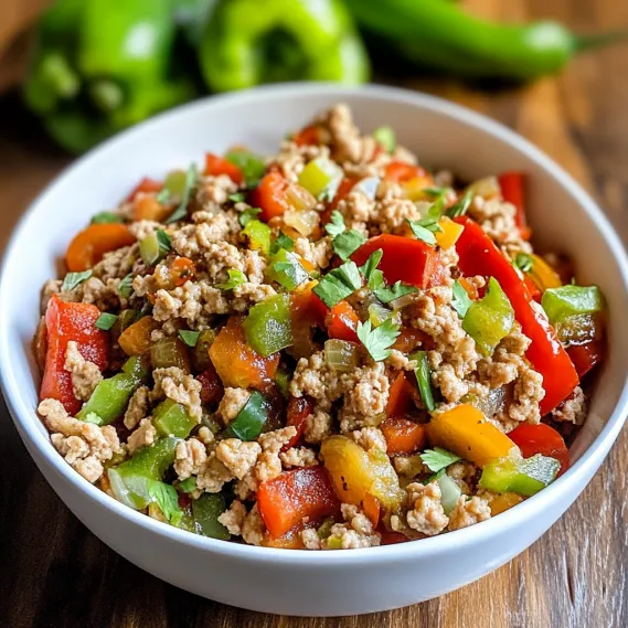A bowl of food with peppers and meat.