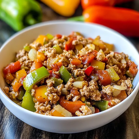 A bowl of food with peppers and meat.