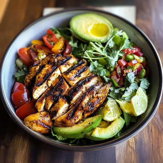 A bowl of food with chicken, avocado, tomato, and lettuce.