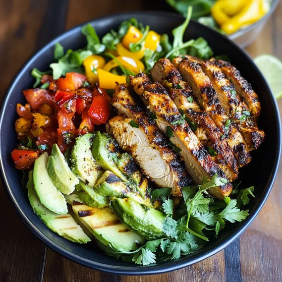 A bowl of food with chicken, avocado, tomatoes, and lettuce.