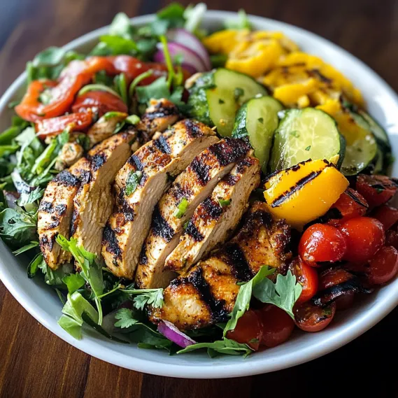 A bowl of food with chicken, tomatoes, cucumbers, and lettuce.