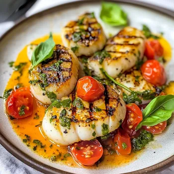 A plate of food with tomatoes, spinach, and scallops.