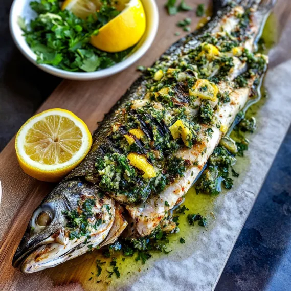 A fish with lemon and herbs on it.