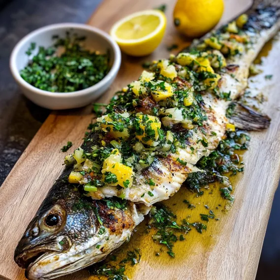 A fish with lemon slices on it.
