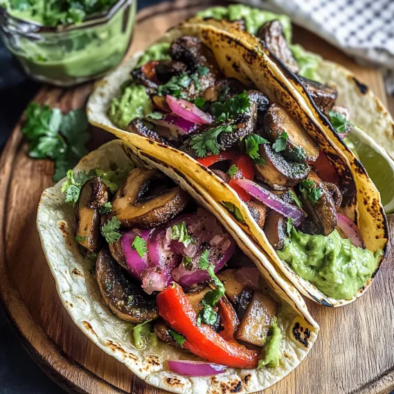 Two tacos with mushrooms, onions, and peppers.