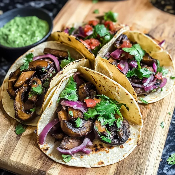 A wooden cutting board with four tacos on it.