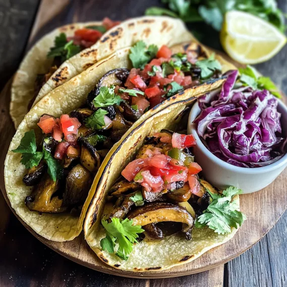 Two tacos with mushrooms and tomatoes on a wooden table.
