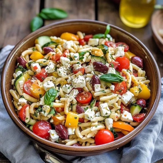 A bowl of pasta salad with tomatoes, cucumbers, and cheese.