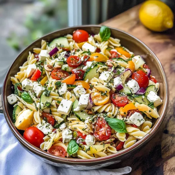 A bowl of pasta salad with tomatoes, cucumbers, and feta cheese.