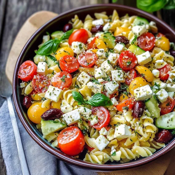 A bowl of pasta salad with tomatoes, cucumbers, and feta cheese.
