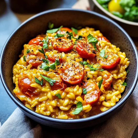 A bowl of rice with tomatoes and herbs.