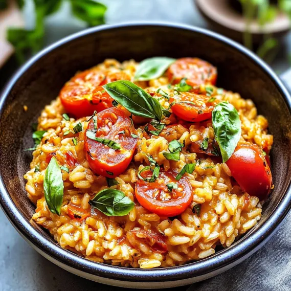 A bowl of rice with tomatoes and basil.
