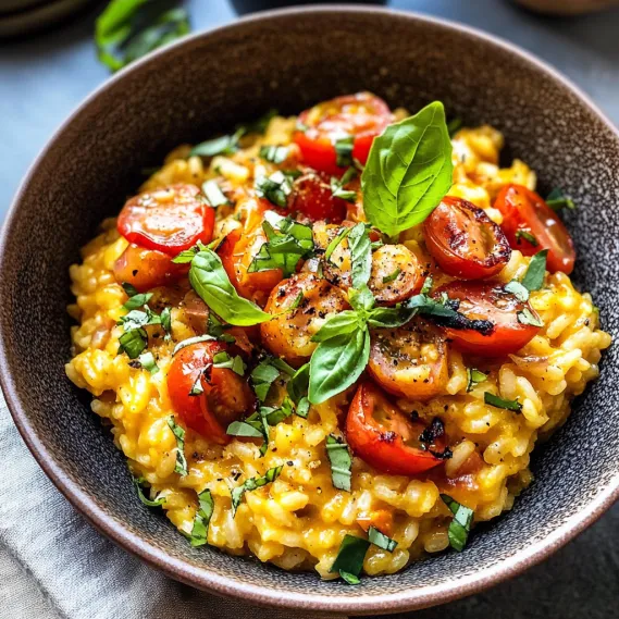 A bowl of pasta with tomatoes and basil.