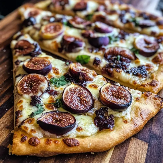 A pizza with figs and cheese on a wooden board.