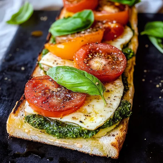 A slice of pizza with tomatoes and basil on top.