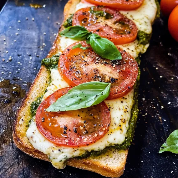 A slice of pizza with tomatoes and basil.