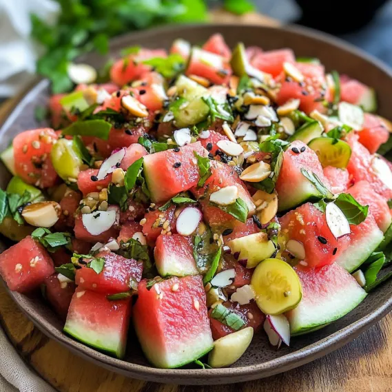 A bowl of fruit with watermelon, cucumber, and other vegetables.