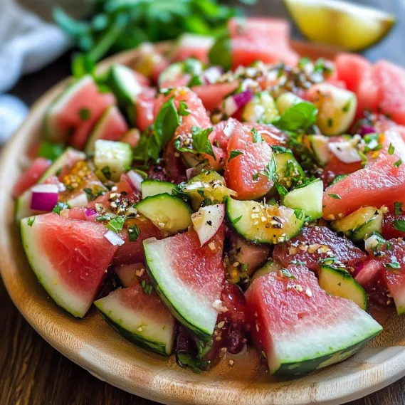 A plate of fresh fruit with cucumbers, watermelon, and other vegetables.