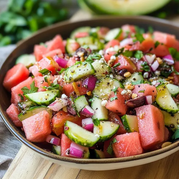 A bowl of fruit with watermelon, cucumber, onion, and tomato.