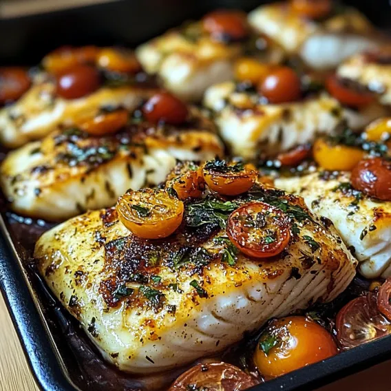 A pan of fish with tomatoes and herbs.