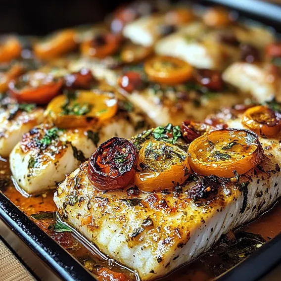 A pan of fish with tomatoes and herbs.