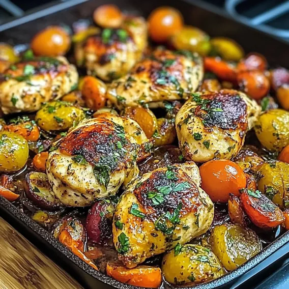 A pan of chicken and vegetables.