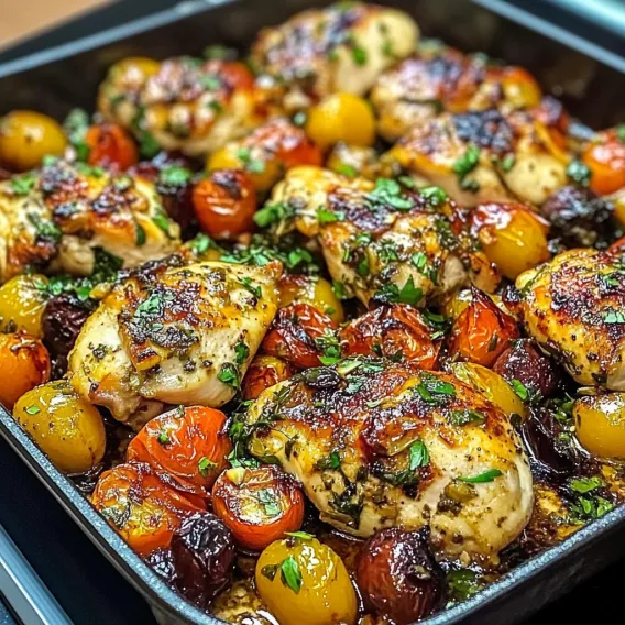 A pan of chicken and vegetables.