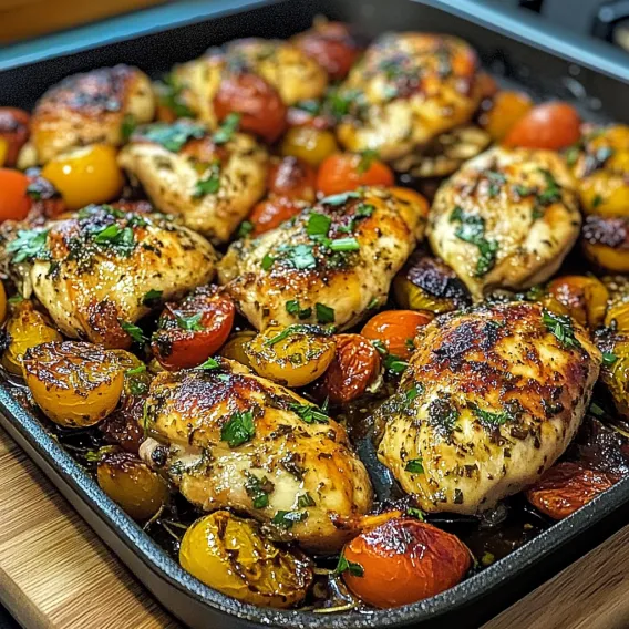 A pan of chicken with tomatoes and herbs.