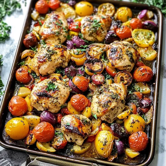 A pan of chicken and vegetables.