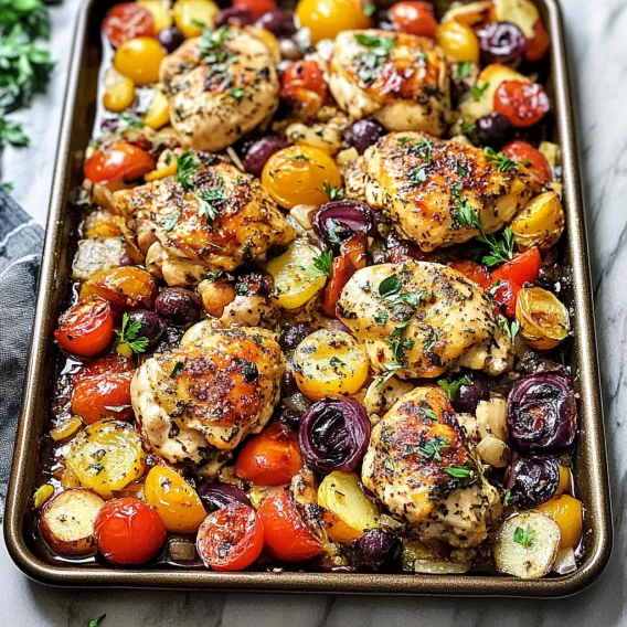 A pan of chicken with tomatoes, olives, and herbs.