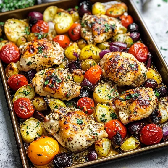 A pan of chicken and vegetables.