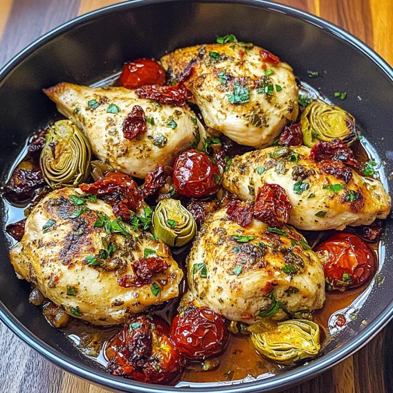 A bowl of chicken with tomatoes and herbs.