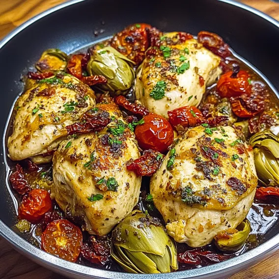 A bowl of chicken with tomatoes and herbs.