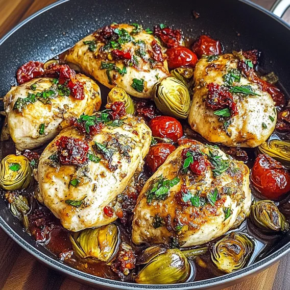 A pan of chicken with tomatoes and herbs.