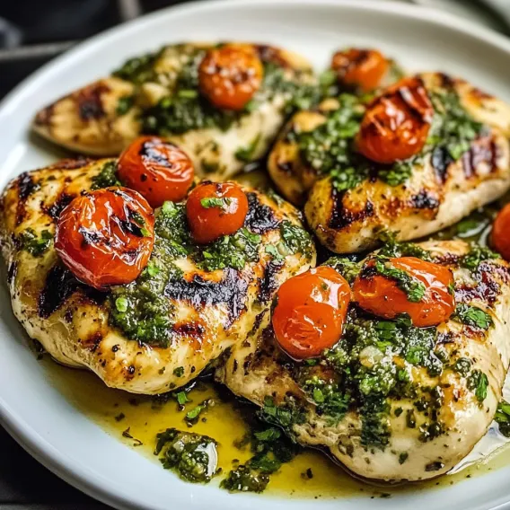 A plate of chicken with tomatoes and herbs.