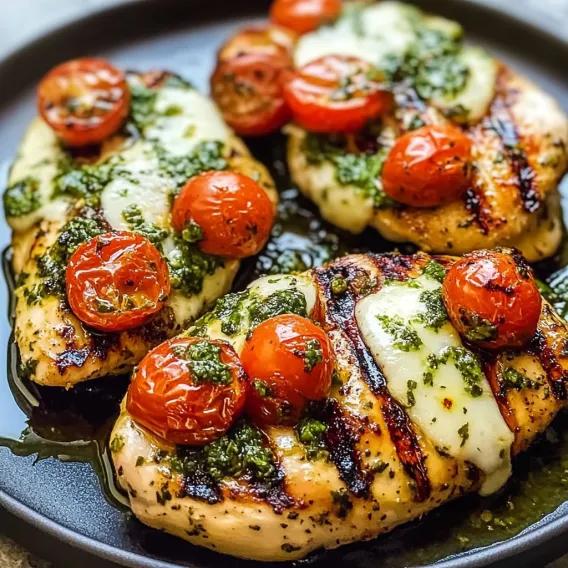 Chicken with tomatoes and cheese.