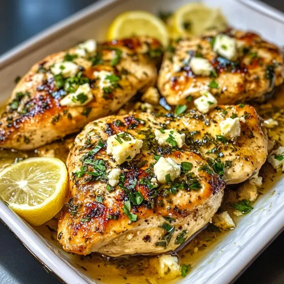 A plate of chicken with lemon and blue cheese.