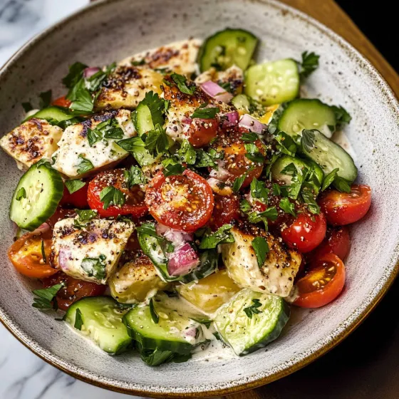 A bowl of food with tomatoes, cucumbers, and meat.